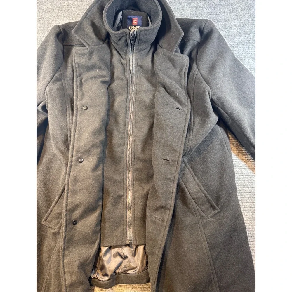 Chaps Mens Black Wool Blend‎ Walking Coat Jacket L/G Button Front Zip Up
